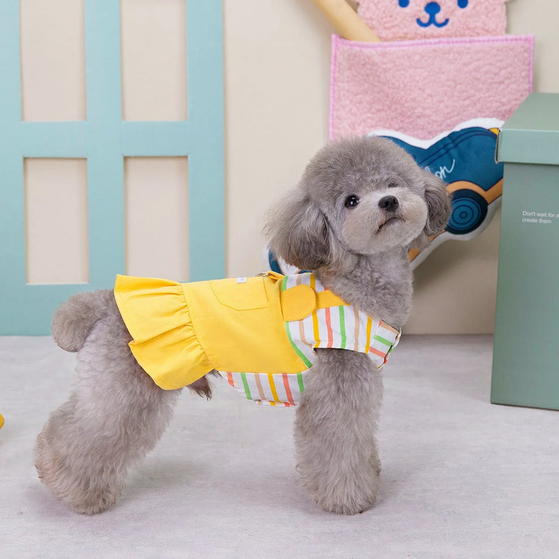 Dog skirt with orange and yellow striped patchwork cotton fabric in casual style available in S, M, L, XL, and XXL sizes for pet fashion and comfortable everyday wear