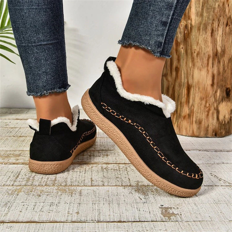 Fashionable V-cut plush-lined winter ankle boots for women in a variety of colors
