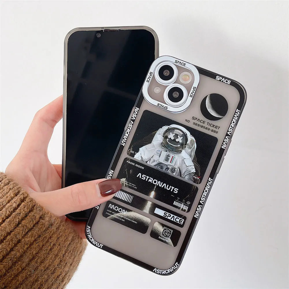 Blue and black space astronaut graffiti design on a silicone iPhone case for iPhone 13.