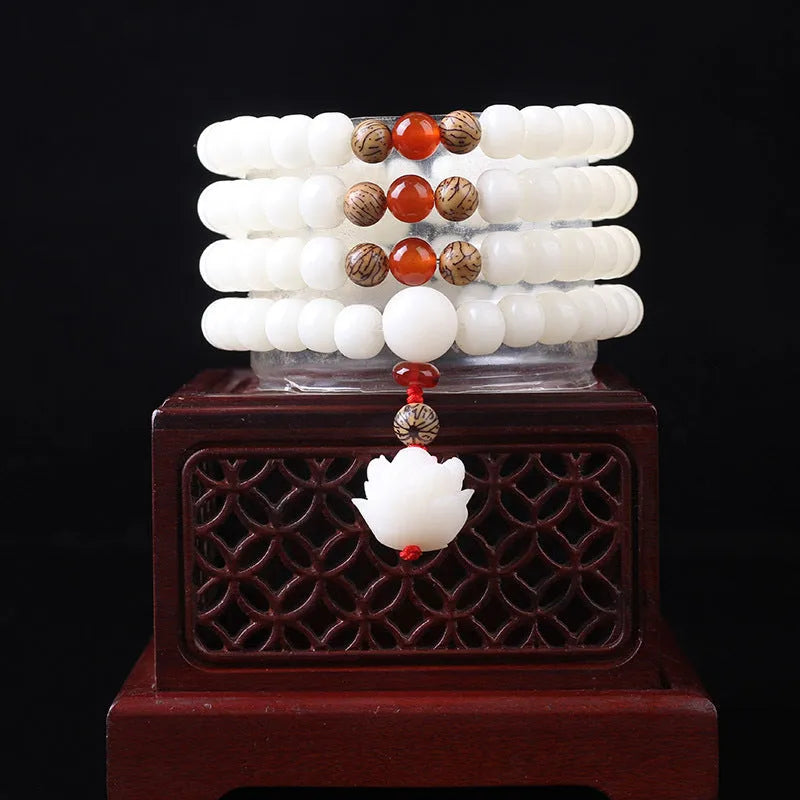 White jade Bodhi beads bracelet with 6x8mm beads in multiple decorative styles for men and women