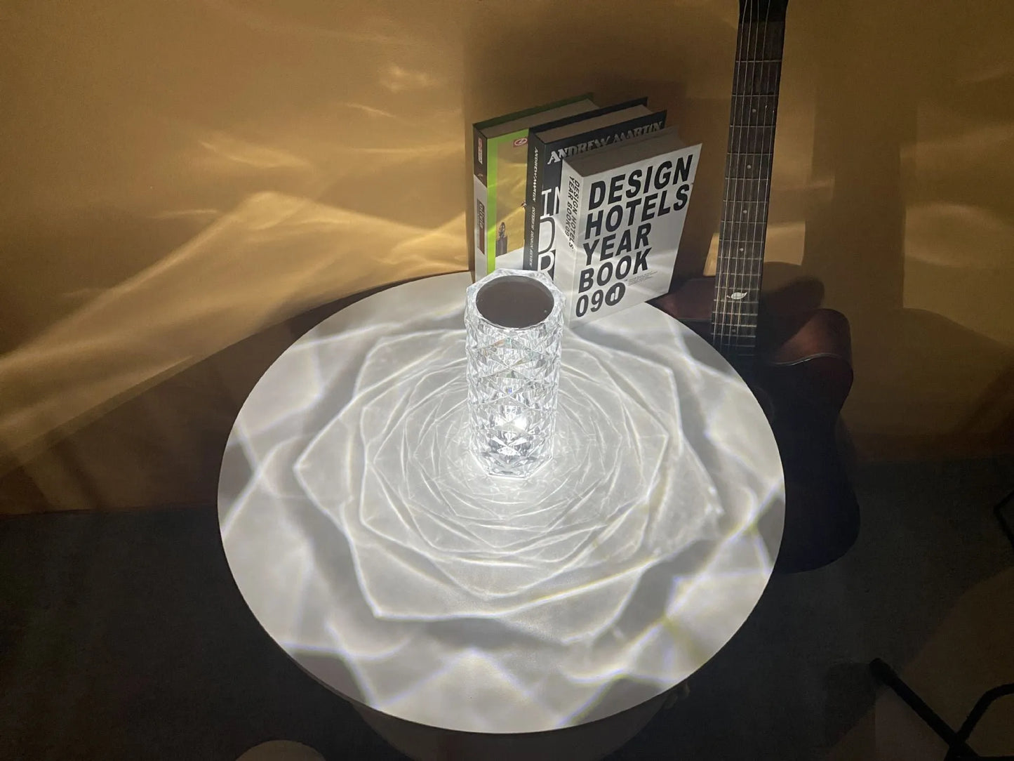 LED rose diamond table lamp with touch switch and three-colour light modes on a wooden table