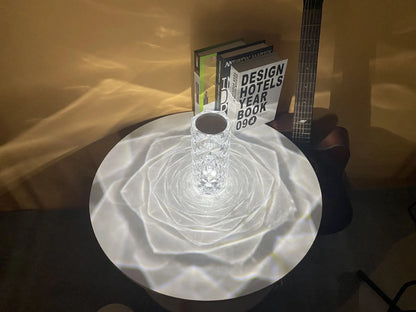LED rose diamond table lamp with touch switch and three-colour light modes on a wooden table