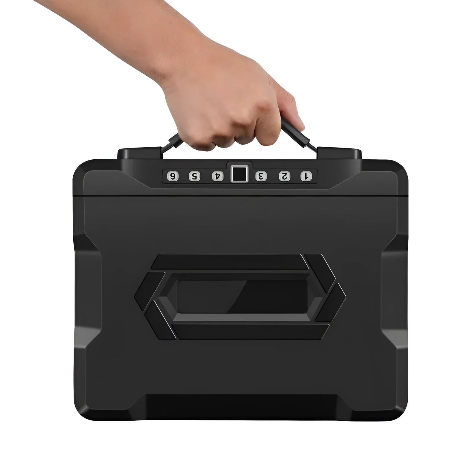 Black portable mechanical combination safe with key lock, made from cold-rolled steel.