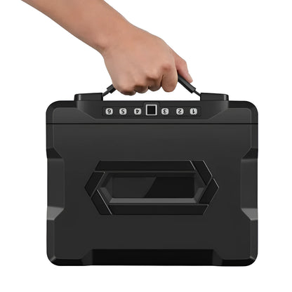 Black portable mechanical combination safe with key lock, made from cold-rolled steel.