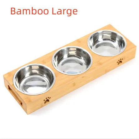 Solid wood pet dining table with elevated stainless steel feeding bowls for cat or dog