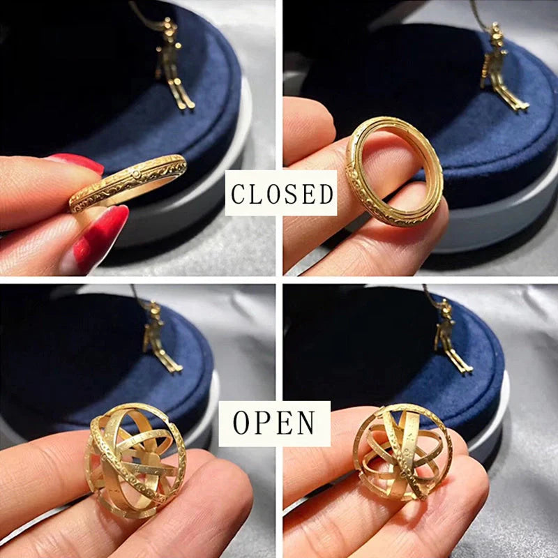 Astronomical ball ring necklace with flip deformation feature in silver and gold
