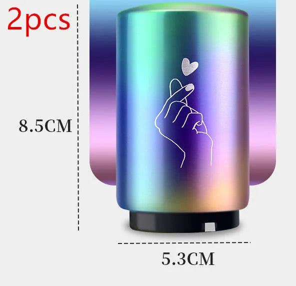 Stainless steel automatic bottle opener measuring 8.4 cm by 5.3 cm on a kitchen counter