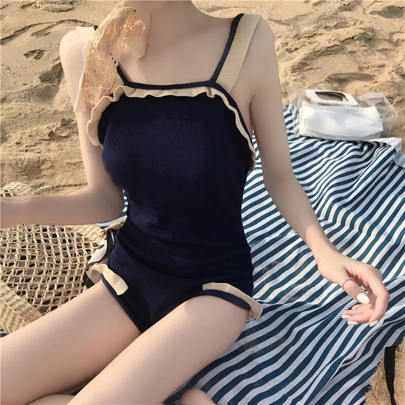 Conservative women's one-piece swimsuit in nylon fabric with slingback design