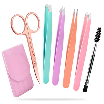 Professional stainless steel eyebrow tweezers set with scissors, brush, and leather case.