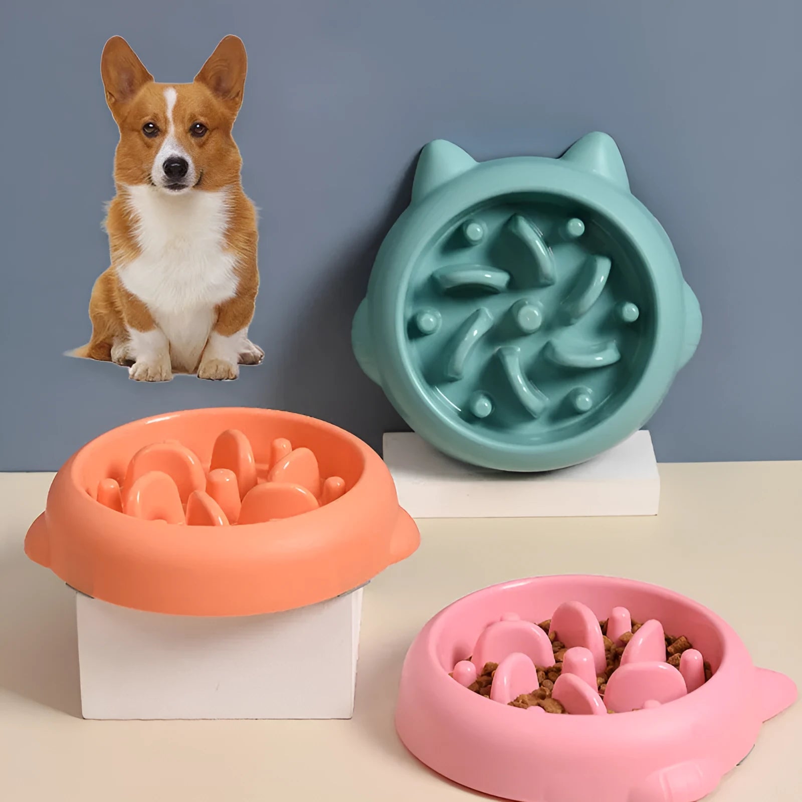 Green slow feeder dog bowl with bone-shaped obstacles for anti-choking feeding