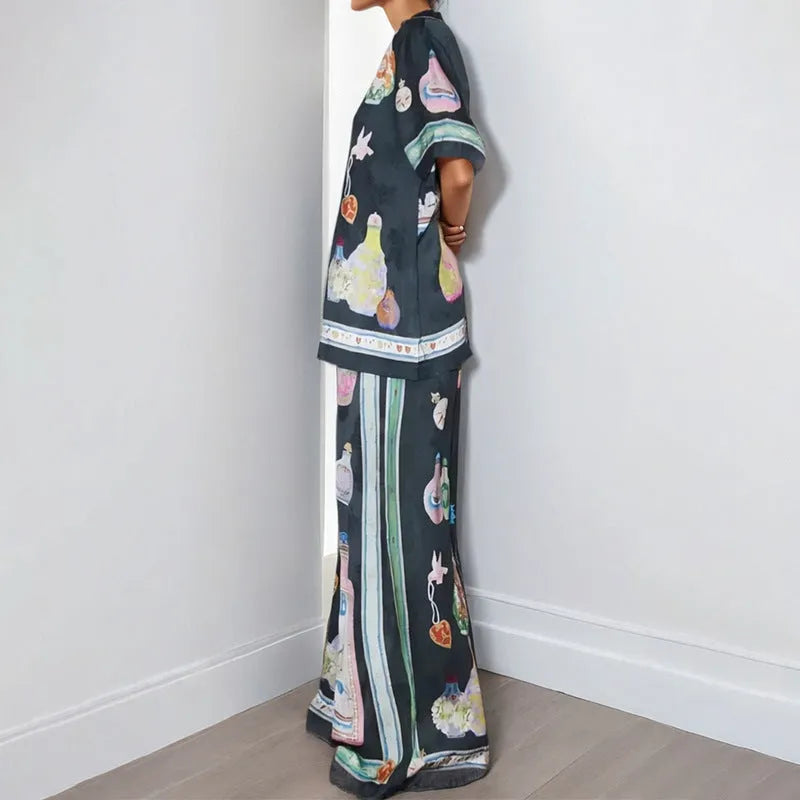 Black women's cardigan and trousers set with cartoon animation print, sizes S to 3XL