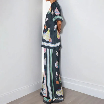 Black women's cardigan and trousers set with cartoon animation print, sizes S to 3XL