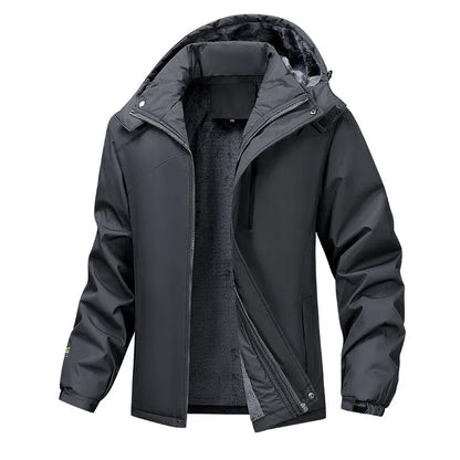 Plus size men's hooded waterproof coat in polyester, shown in army green colour.