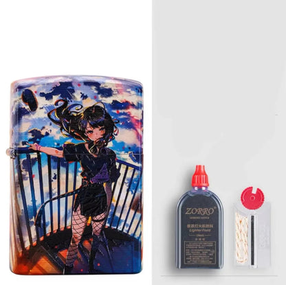 Windproof kerosene lighter with grinding wheel, pure copper case, shown with artistic design options.