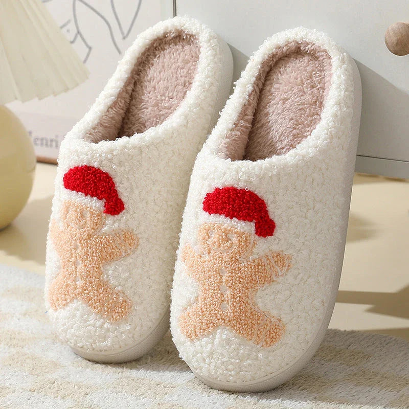 Cozy Christmas Home Slippers with Cute Santa Claus, Moose, and Gingerbread Man Designs
