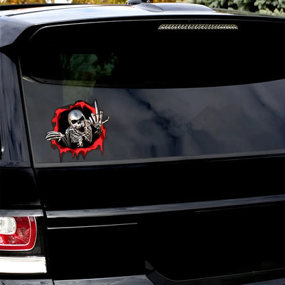 Reflective metal skull car sticker with colourful broken shell design measuring 15 by 14 cm
