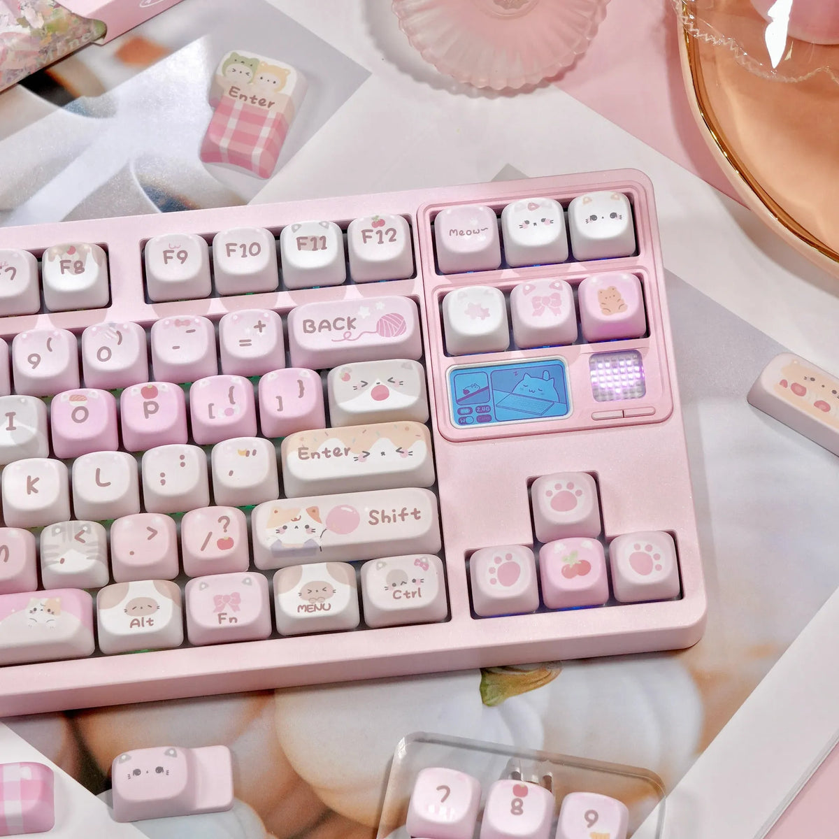 Pink MOA height mechanical keyboard key cap set with cartoon design on all five sides
