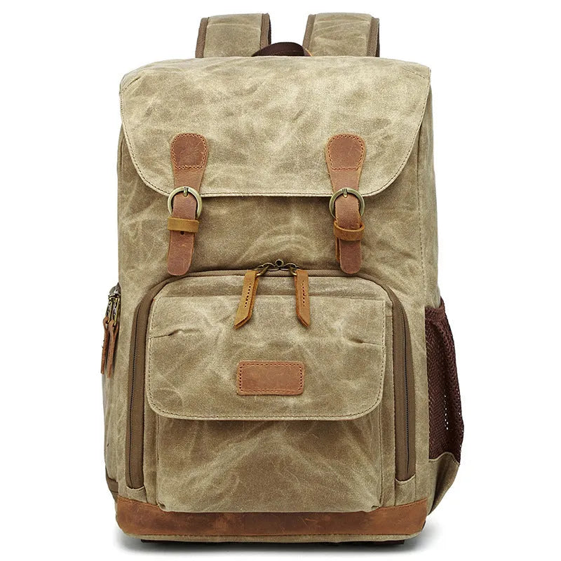Canvas DSLR camera backpack in khaki colour with backpack straps and protective features
