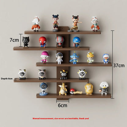 White 5-tier wall-mounted PVC rack displaying toy dolls and blind box collectibles.