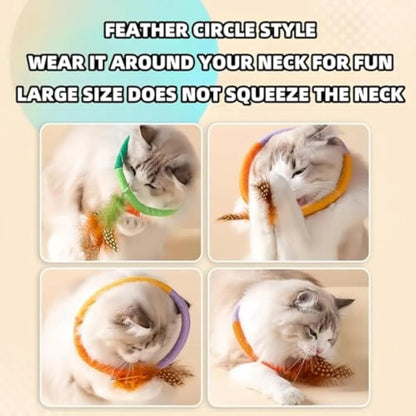 Green circular cotton rope cat toy with feathers and catnip for dental play