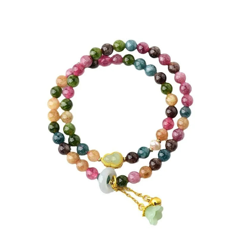 Natural chalcedony double circle bracelet with geometric design and 6-6.5mm beads