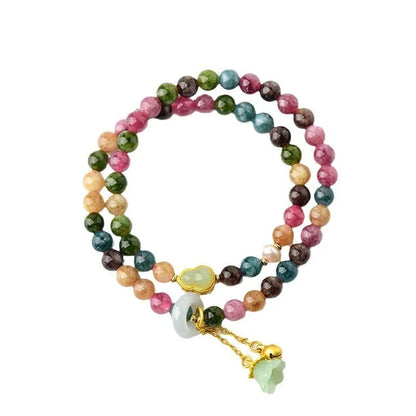 Natural chalcedony double circle bracelet with geometric design and 6-6.5mm beads