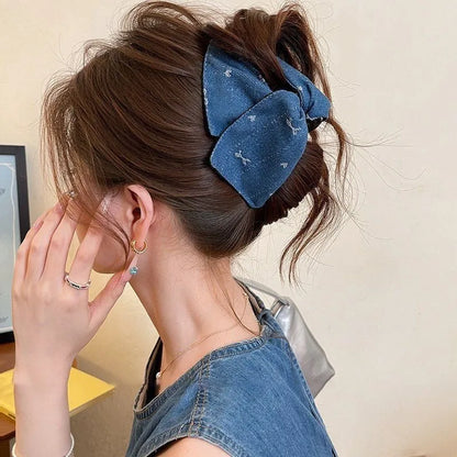 Women's handmade hair clip with denim fabric bow triangle decoration and plastic grip
