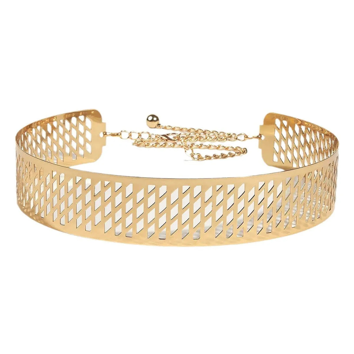 Golden Lantern Head Punching Net Flower iron waist ring belt in gold, showing thick 4.5cm width and alloy buckle.