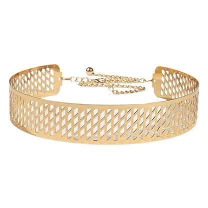 Golden Lantern Head Punching Net Flower iron waist ring belt in gold, showing thick 4.5cm width and alloy buckle.