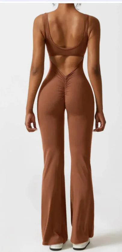 Women's tight Milk Silk yoga bodysuit in seamless hollow design with chest pad, shown in a trousers-length mid-waist fit.