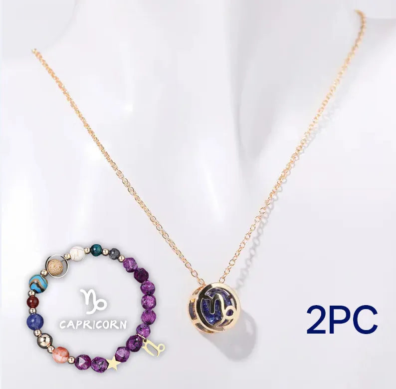Natural stone bead necklace and matching bracelet set showing varied gemstone colours and textures.