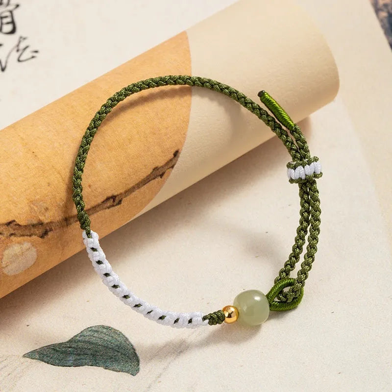Hetian Jade sterling silver carrying strap bracelet with colourful electroplated cord in national tide style