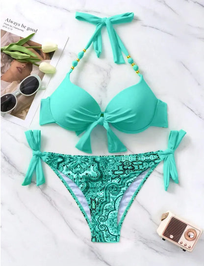 Ladies polyester bikini swimsuit set available in multiple colours including blue, red, and fluorescent green