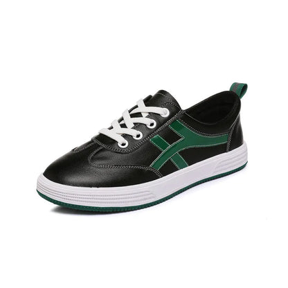 Cowhide leather casual sneakers with elastic band wearing in black or white colours, low top design with round toe