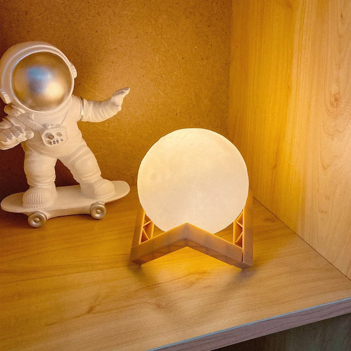 3D printed PVC moon lamp LED night light with warm white glow on stand