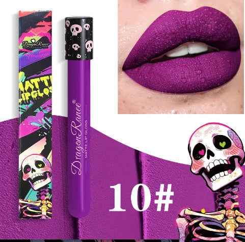 Halloween creative makeup lip gloss in test tube skull container with retro matte gold silver finish
