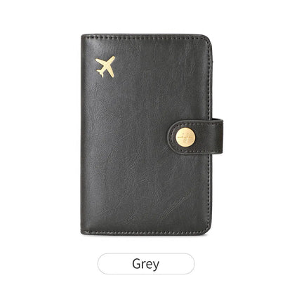 PU passport wallet with sewing line detail, shown in multiple colours including black, pink, and blue, featuring anti-theft swiping protection.
