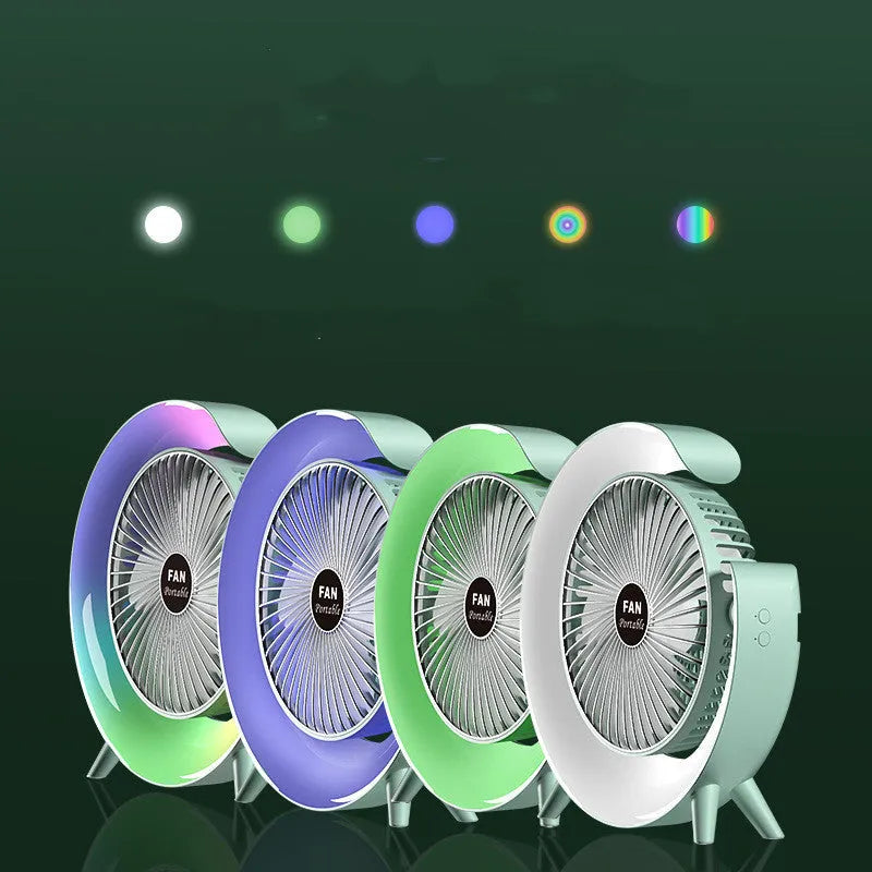 Grass green USB desktop fan with night light on a wooden desk