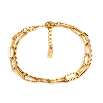 Double layer geometric women's bracelet in gold or silver electroplated finish with linear design elements
