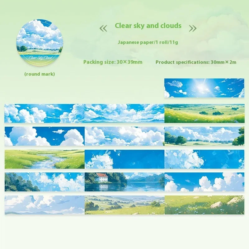 Japanese paper washi tape roll with sky theme decoration, 30mm width, showing colourful clouds pattern