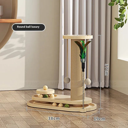 Solid wood cat scratching post with sisal rope and a brown oval turntable on a thick wooden base.