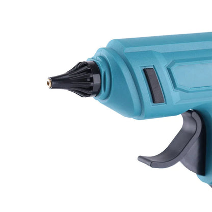 Cordless rechargeable hot melt glue gun with bare metal body, battery, charger, and pack of glue sticks.