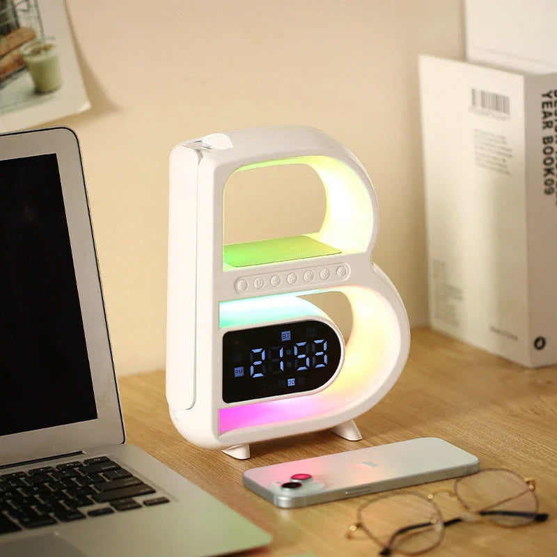 Multifunctional B-shaped Bluetooth speaker lamp with wireless charging, adjustable lighting, and alarm clock features