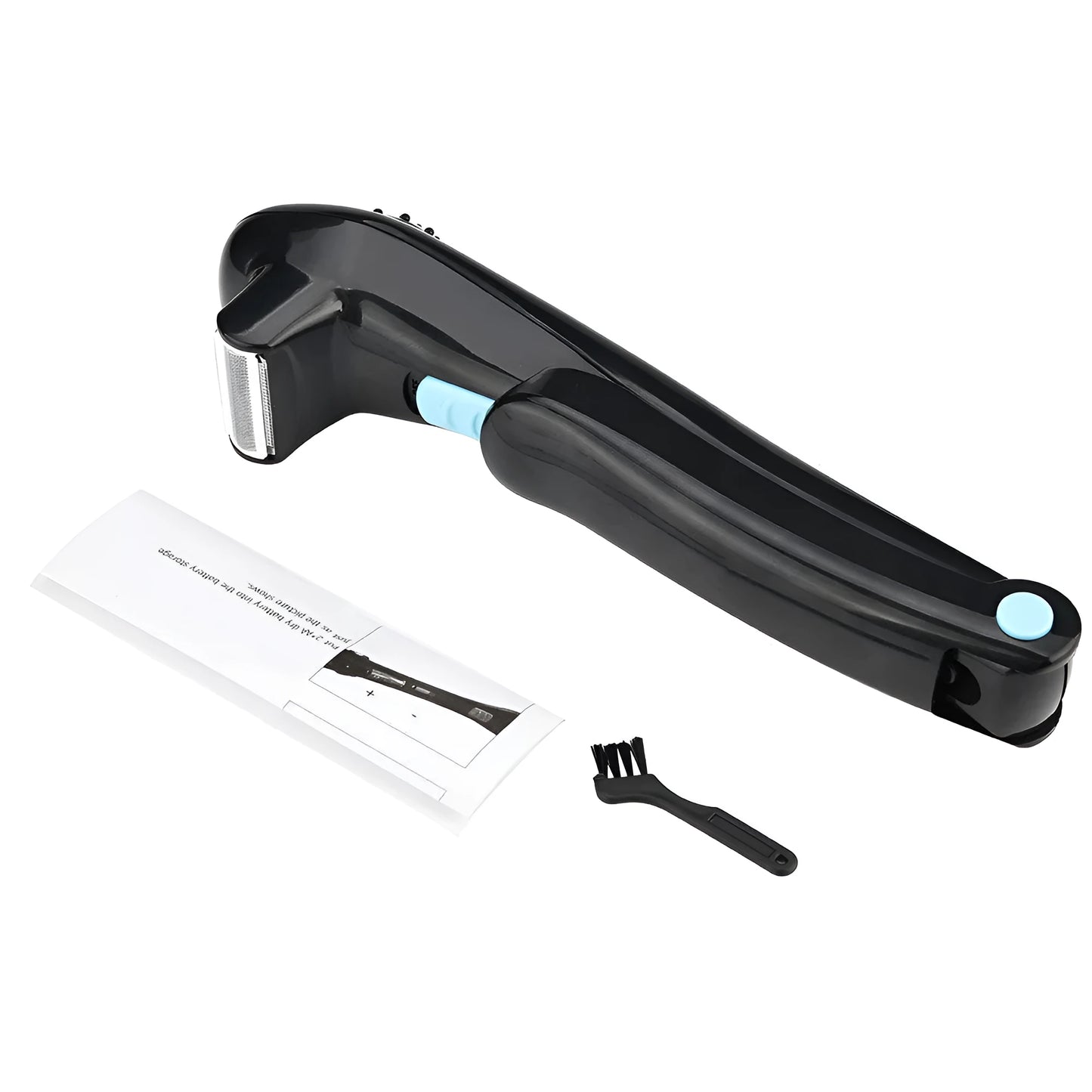 Black folding body electric shaver with battery compartment visible