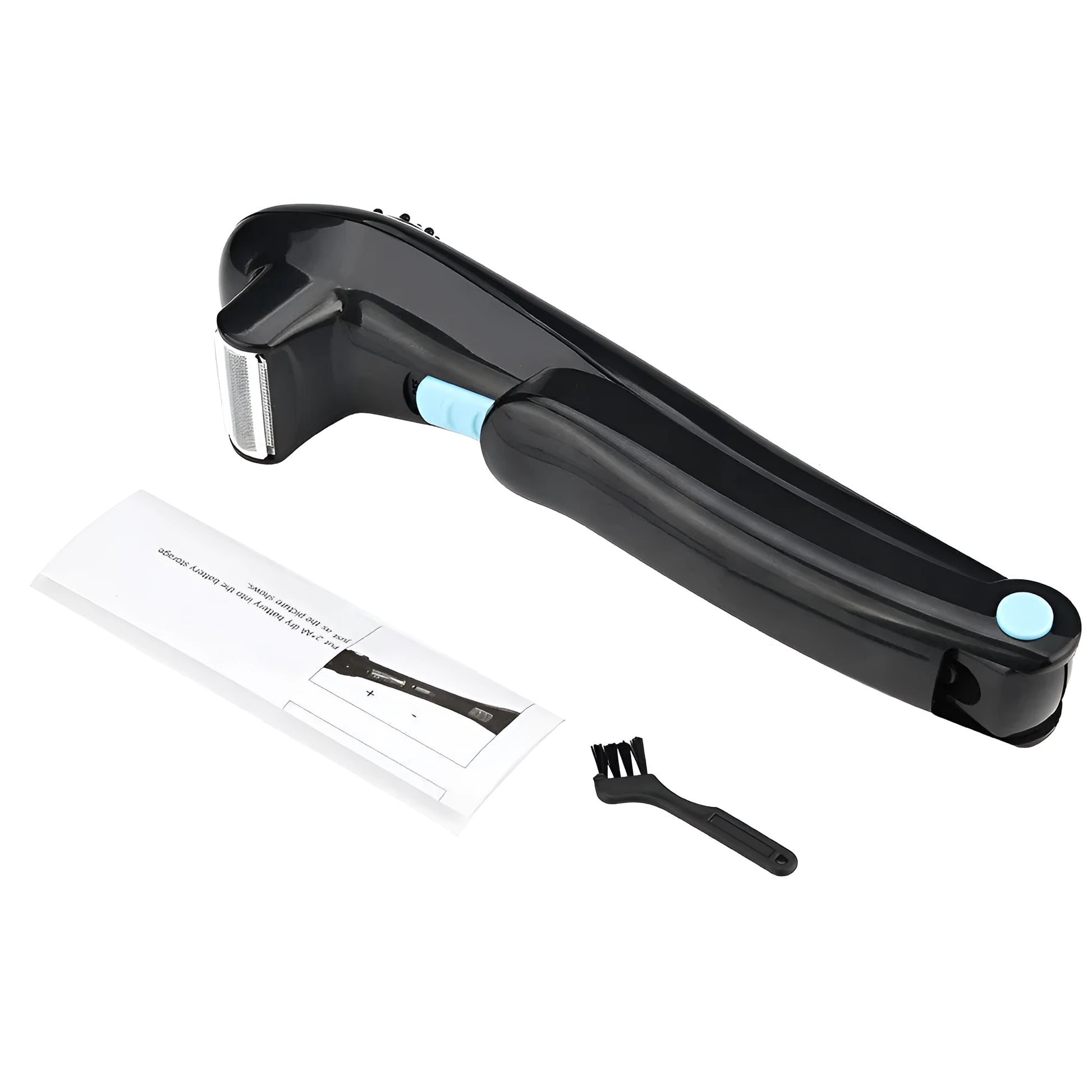 Black folding body electric shaver with battery compartment visible