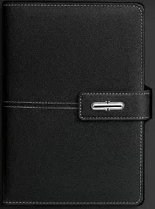 A5 notebook with imitation leather cover in colour options including black, red, green, blue, and orange.