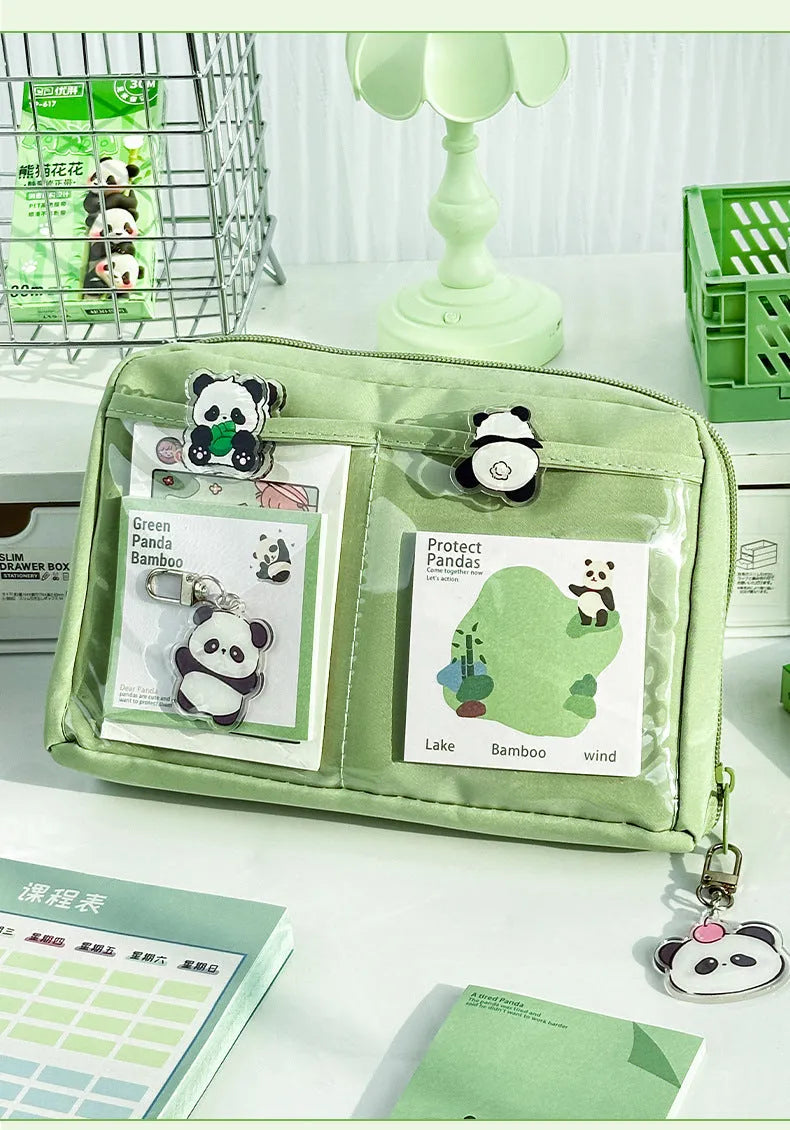 Green canvas pencil case with 12 layer panda design and multiple compartments for stationery organisation