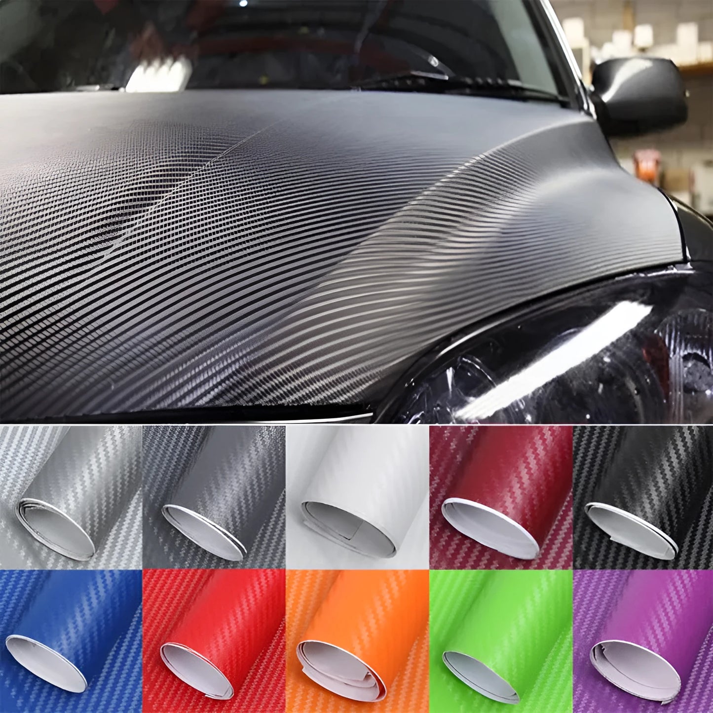 Carbon fibre car decoration sticker roll showing 3D texture in multiple colour options