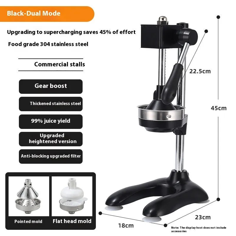 Vertical stainless steel manual juicer with zinc alloy handle in multiple colour and tip style combinations