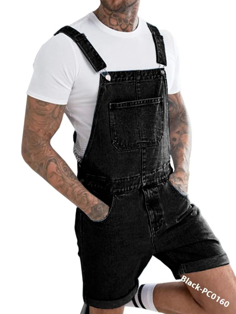 Youth denim suspenders shorts in straight-leg short length, shown in blue, with a mid-waist fit and zipper fly.